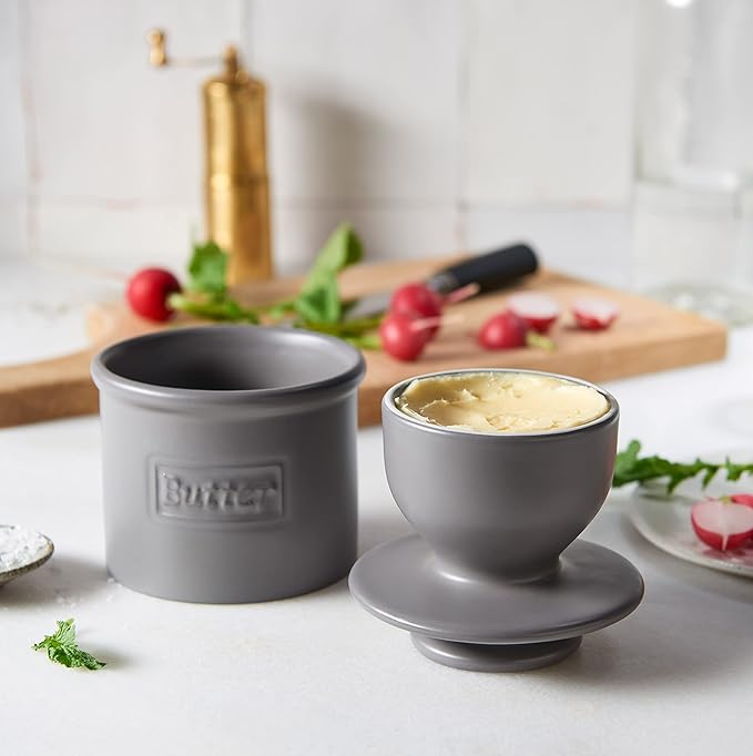 Butter Bell - The Original Butter Bell crock by L Tremain a Countertop French Ceramic Butter Dish Keeper for Spreadable Butter Café Matte + Retro Collection & Steel Gray + Maraschino Red Glossy Finish