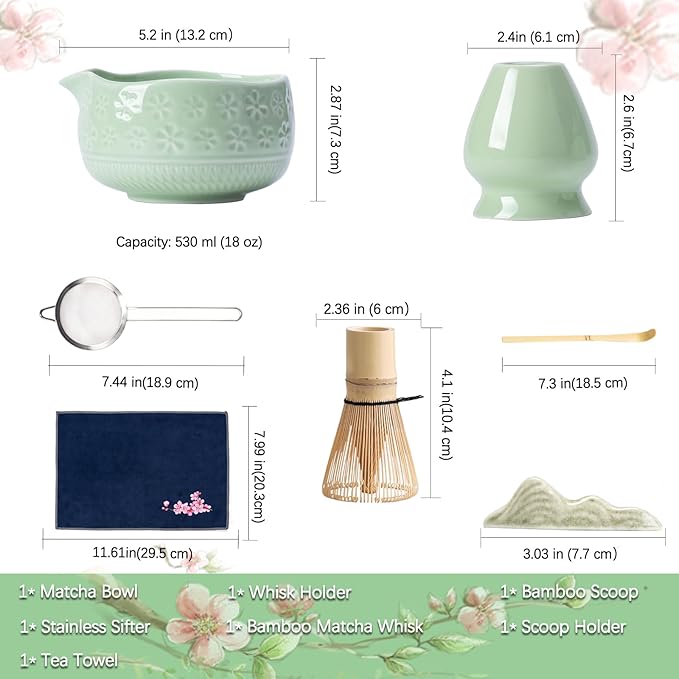 Buucup Matcha Whisk Set, Ceramic Matcha Kit Set Includes Matcha Bowl, Matcha Whisk and Holder, Bamboo Scoop, Scoop Rest, Sifter and Tea Towel - 7 Pcs Matcha Kit for Matcha Lovers (Green)