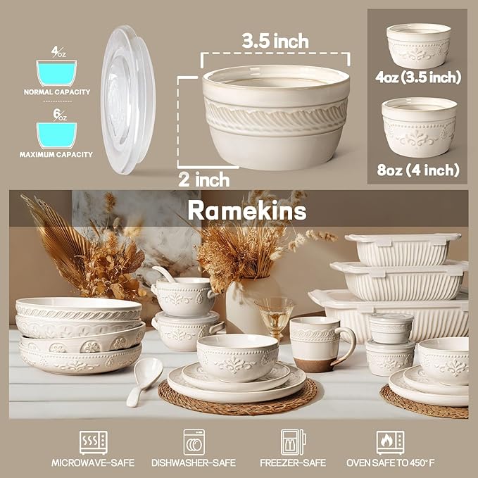 Artena Ramekins with Lids, Creme Brulee Ramekins Oven Safe, Ceramic Pudding Cups, Souffle Cups, Custard Cups, Dipping Sauce Cups, Food Storage Containers with Lids, Set of 4 (Willow Leaf, 4 oz)