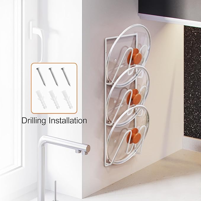 Durmmur 2 Pack Pot Lid Organizer Rack, 6-Tier Pot Lids Holder for Cabinet Door/Wall, No Drilling Adhesive Wall/Door Mounted Rustproof Pot and Pan Cover for Kitchen Storage, White