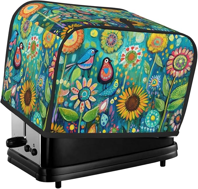 Folk Art Birds Flower Toaster Cover 2 Slice, Cute Country Bread Machine Cover, Washable Toaster Kitchen Small Appliance Cover Stain Resistant,with Top Handle