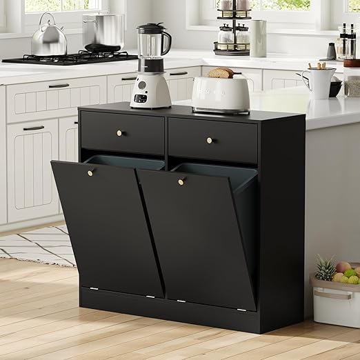 Housoul Double Tilt Out Trash Can Cabinet, Trash Storage Cabinet with 2 Drawers, Hidden Garbage Bin, Free Standing Laundry Sorter Organizer for Kitchen Dining Living Room, Bathroom, Black