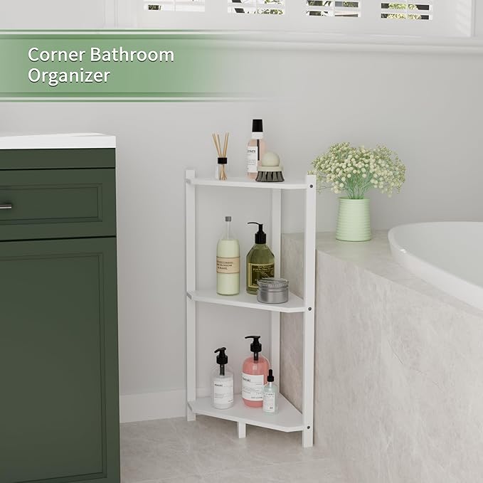 Wisuce Corner Shelf, 100% Real Bamboo Shower Corner Shelves Free Standing Shelf Storage Organizer for Bathroom Living Room Kitchen (White, 3 Tier)