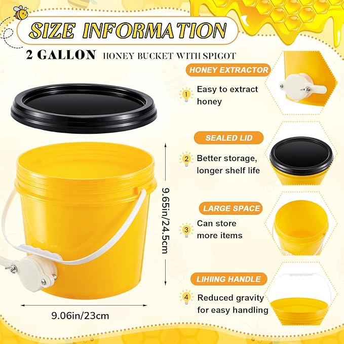 Threehoney 3 Pcs 2 Gallon Honey Bucket with Gate Honey Extractor Equipment Food Grade Bucket Food Safe Buckets with Lid for Beekeeping Supplies Extracting Storage(Yellow,Round Style)