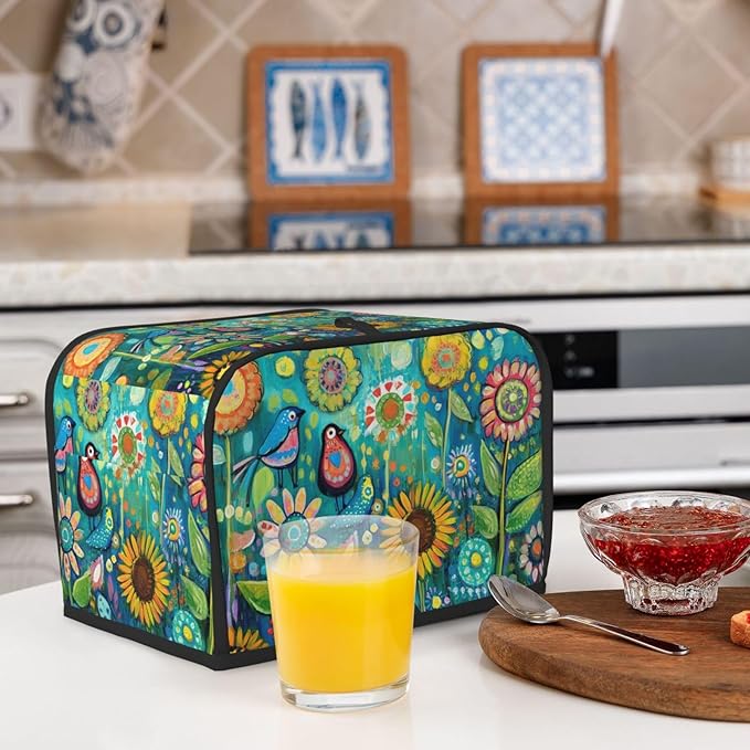 Folk Art Birds Flower Toaster Cover 2 Slice, Cute Country Bread Machine Cover, Washable Toaster Kitchen Small Appliance Cover Stain Resistant,with Top Handle
