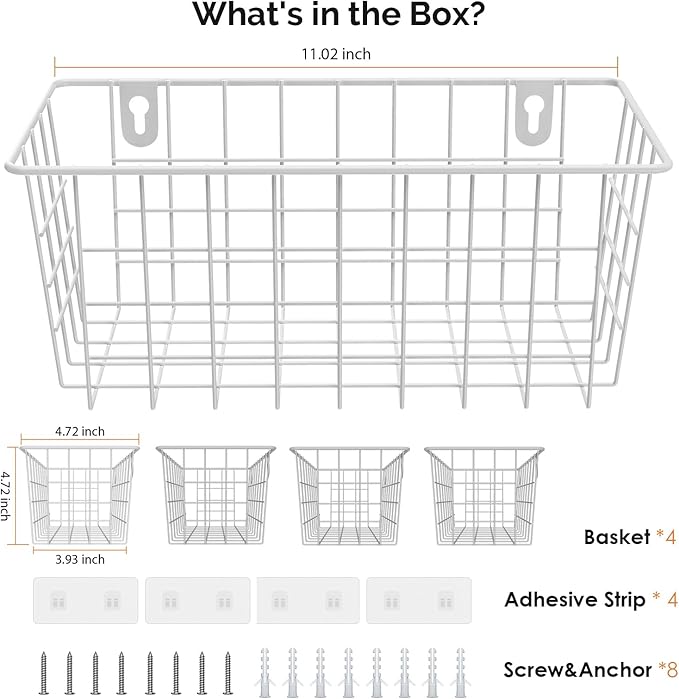 MaraFansie Hanging Kitchen Baskets Wire Storage Basket Adhesive and Screws Basket Over the Cabinet Door Organizer with Adhesive Strips and Screws Accessories, 4 Pack, White