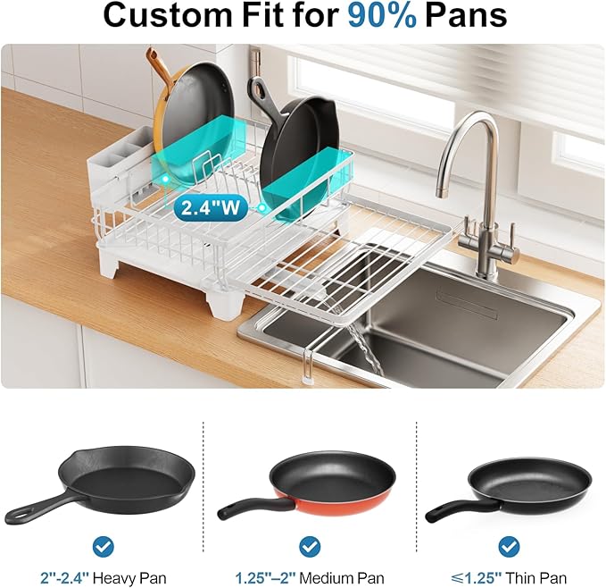 GSlife Expandable Dish Drying Rack for Kitchen Counter, Large Capacity 2-in-1 Rust Resistant Dish Drainer with Swivel Spout and Pull Out Over Sink Extension, 16.7" W x 12.6"-22.4" L, White