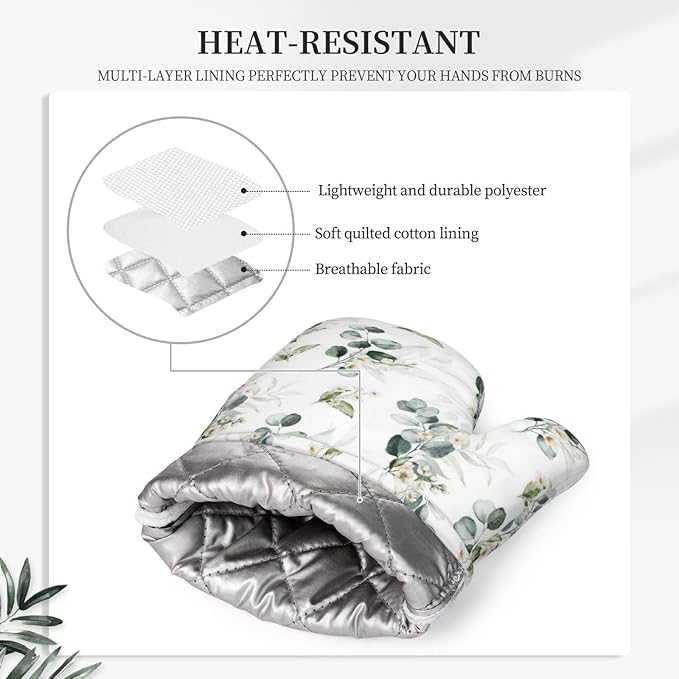 Sage Green Eucalyptus Oven Mitts and Pot Holders Sets Silicone Watercolor Plant Leaves Floral Kitchen Oven Mitts Hot Pads Heat Resistant Potholders Kitchen Mitts Set for Baking BBQ Cooking