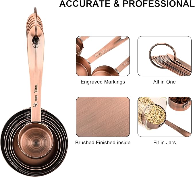 Copper Measuring Cups and Spoons Set of 18, 7 Measuring Cups, 9 Measuring Spoons, Stainless Steel Measuring Spoons and Cups for Dry & Wet Ingredients During Kitchen & Baking