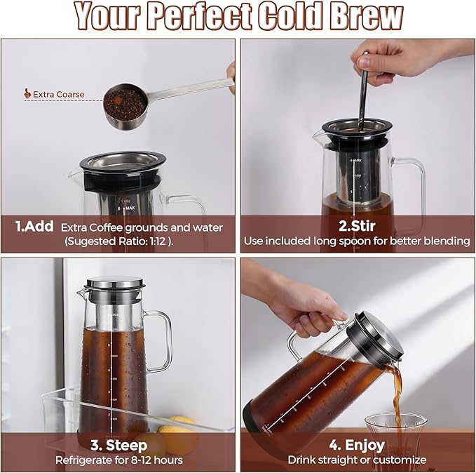 Cold Brew Coffee Maker 1.4L/48oz with Extended Filter & 2 Pcs Stainless Steel Espresso Cup (Black), Coffee Brewing Set with Cleaning Brush, Stirring Spoon & 3.4oz/100ml Dual Scale Measuring Cup