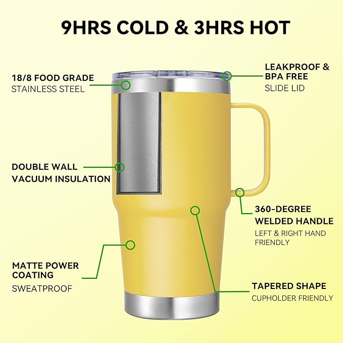 20 oz Stainless Steel Tumbler with Handle Bulk Metal Insulated Tumblers Travel Coffee Mug with Handle Double Wall Tumbler Cup with Lid and Straw, Yellow 12 Pack
