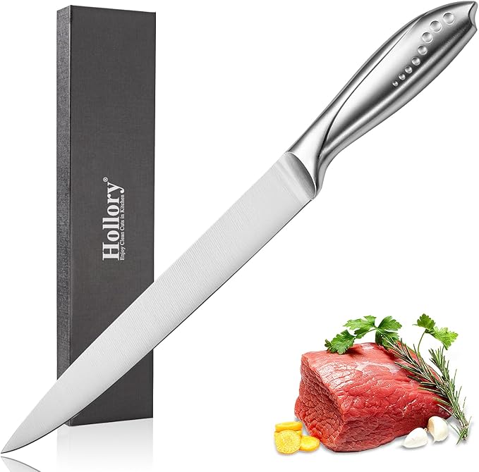 8 Inch Slicing Knife, German High Carbon Stainless-Steel Blade and Full Tang Handle, Super Sharp Slicer Knife for Carving Slicing Cutting of Meat Vegetables and Fruits-Silver