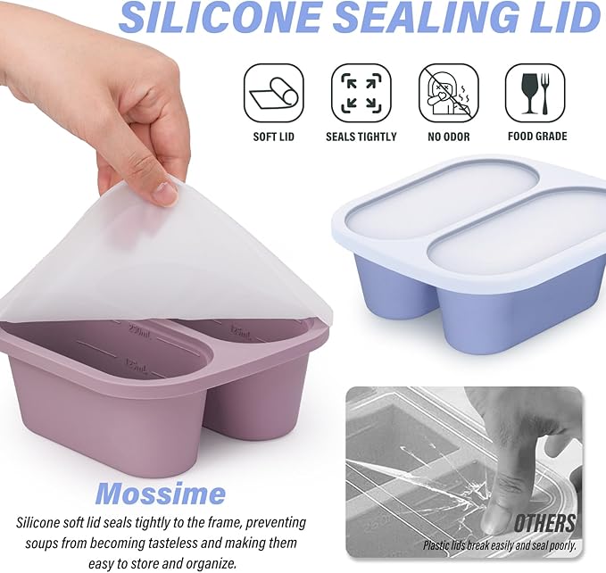 Mossime Silicone Soup Freezer Molds: 1 Cup Silicone Freezer Trays with Lid - 6 Packs Easy Release Soup Freezer Containers - 250ml 125ml Portion Large Cubes for Ice Soup (6, Blue/Purple)