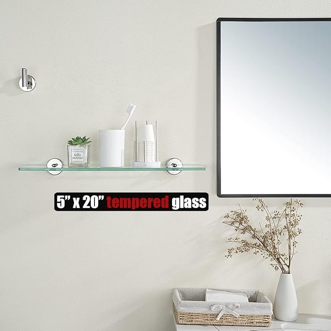 JQK Bathroom Glass Shelf Chrome, Tempered Glass Shower Storage 20 by 5 inches, 304 Stainless Steel Polished Chrome Wall Mount, 2 Pack, TGS101L20-CH-P2