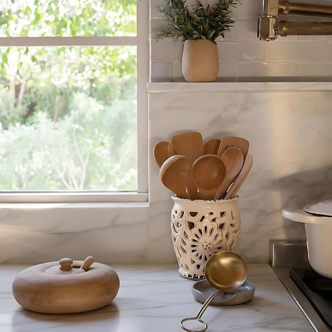Farmhouse Kitchen Utensil Holder for Kitchen Counter, Ceramic Large Cooking Utensil Crock with Cork Mat, Decorative Rustic Utensil Organizer for Countertop, Spatula, Antique Beige