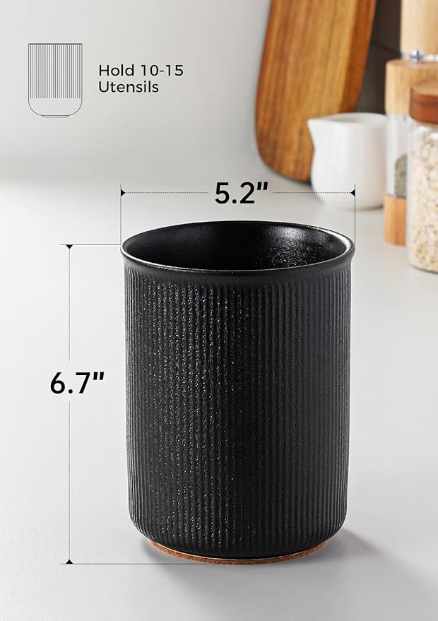 LoeJan Utensil Holder, Extra Large Utensil Crock, Stable Ceramic Utensil Organizer, Cooking Tool Organizer Set for Kitchen Counter Farmhouse Décor, Textured Black