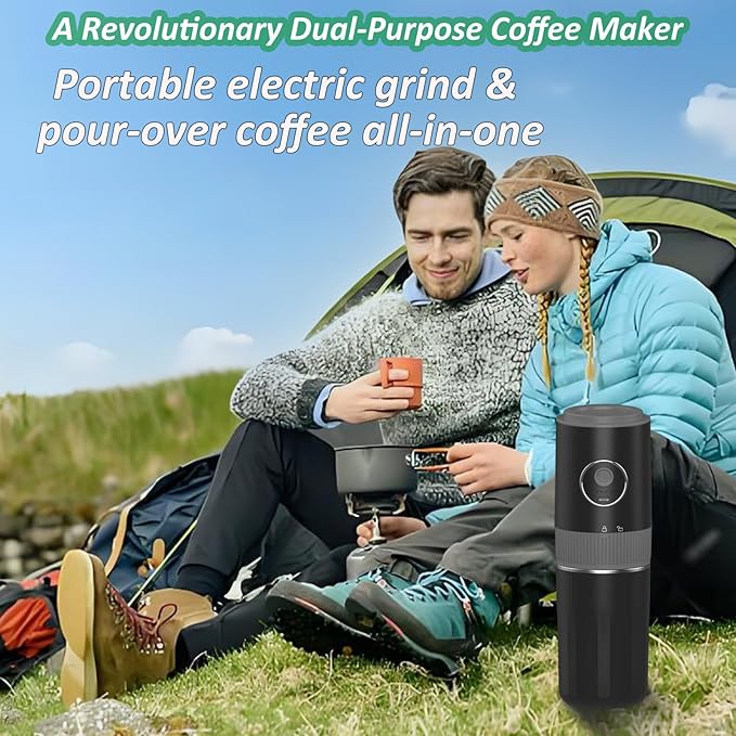 Portable Electric Coffee Grinder and Brewing Kit, Rechargeable, Conical Burr Mini Coffee Grinder with Filter, 32g Capacity & Coffee Cup for Camping, Travel, Office, Espresso, Pour Over, etc (Black)