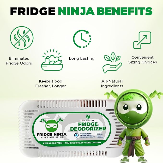 Fridge Ninja Fridge Deodorizer (4 Pack) - More Effective Than Baking Soda - Natural and Unscented Activated Charcoal Refrigerator Deodorizer and Odor Eliminator for Freezers, Coolers, and Lunch Boxes