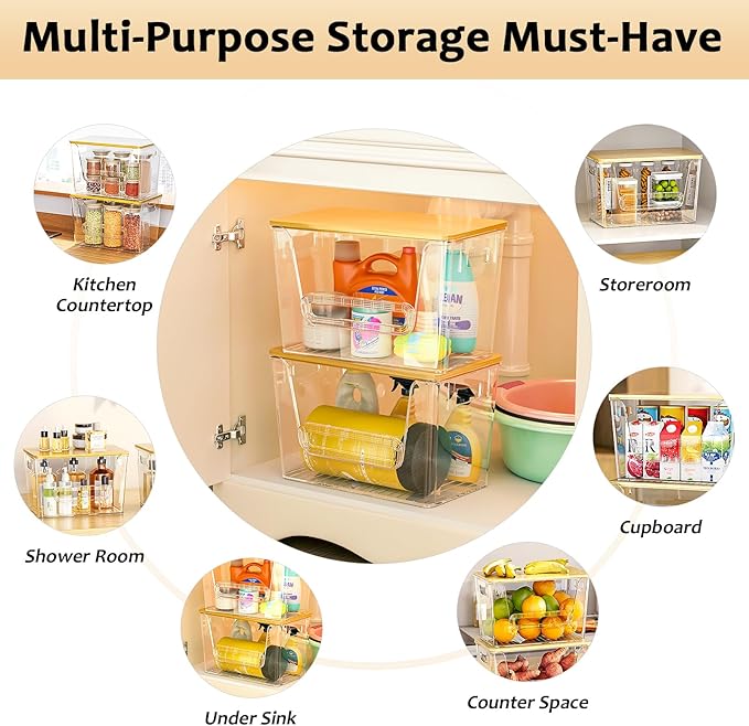 Delamu 4 Pack Pantry Organizers and Storage,Trash Bag Dispenser with Bamboo Top,Stackable Trash Bag Dispenser Under Sink Organizer for 4-30 GalBags,Onion,Potato,Fruits,Clear