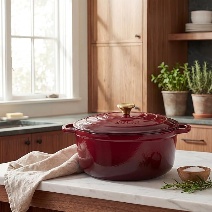 Zulay Kitchen 6 Quart Enameled Cast Iron Dutch Oven Pot with Lid – Premium Durability & Oven Safe up to 500°F – Heavy Duty Cookware Perfect for Bread Baking, Stews, Braising & Roasting – Garnet