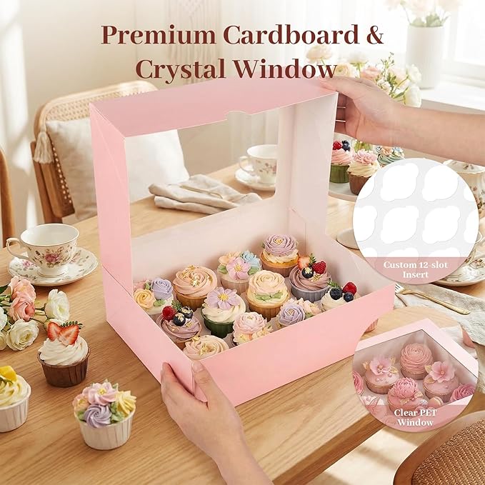 VGOODALL 12 Count Cupcake Boxes, 6PCS 13.2x9.8x4Inches Pink Cupcake Container with Window Boxes Holding 72 Pastry Box for Birthday Holiday Party Bakery Supplies