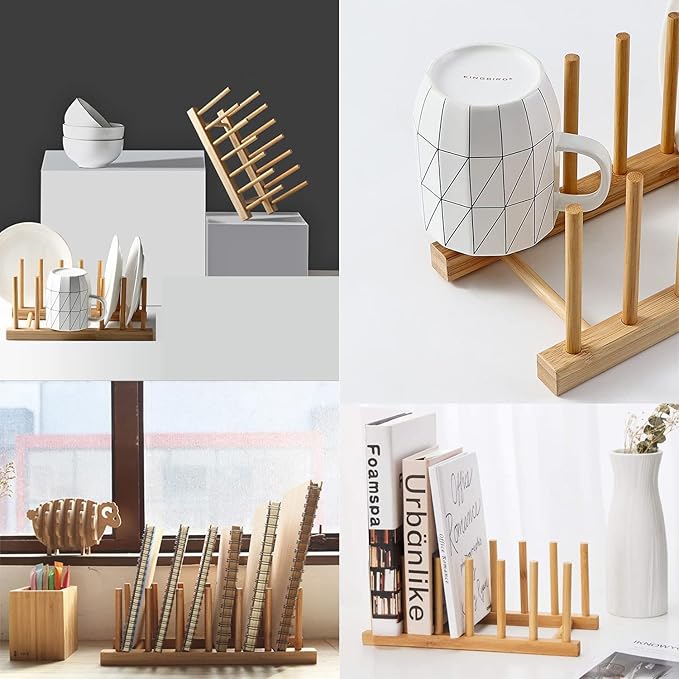 INNERNEED Bamboo Wooden Dish Rack, Vertical Plate & Lid Organizer for Kitchen Cabinet or Countertop, Drying Stand for Dishes, Cutting Boards