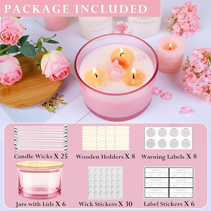 CONNOO 24oz Pink Thick Glass Candle Jars 6 Pack, Multi-Wick Wide Mouth Empty Bulk Candle Containers for Making Candles with Airtight Bamboo Lids, Sticky Warning Labels, Wick kit- Dishwasher Safe