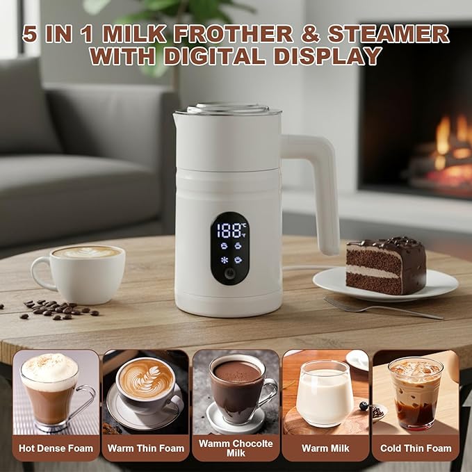 4 in 1 Electric Milk Frother Automatic Hot & Cold Foam Maker Auto Shut-Off Durable Stainless Steel Milk Frother Silent Working Easy to Clean for Hot Chocolate (White-With Digital Display)