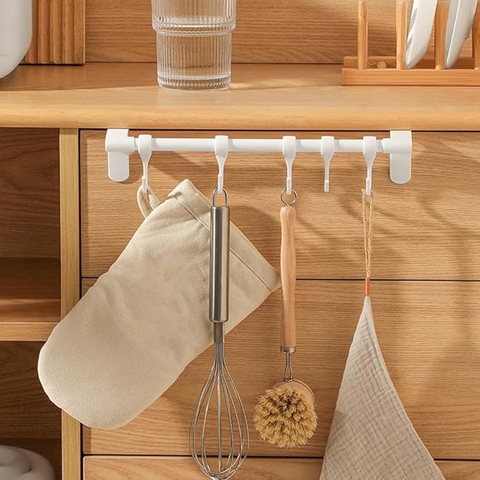 DOITOOL Cabinet Kitchen Utensil Hooks 5pcs Plastic Multi-Function Hanging Rack No Drill Installation White Storage Organizer for Cookware and Sundries