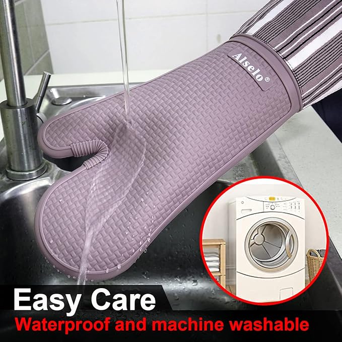 Alselo Silicone Oven Mitts Heat Resistant 550 Degree Extra Long Kitchen Gloves Pot Holders with Waterproof and Non-Silp for Baking Cooking Barbecue Microwave Machine Washable (Extra Long Purple, 2)