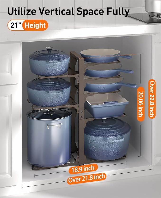 ORDORA Pots and Pans Organizer under Cabinet, 20.8" Height Heavy Duty 120LBS Pots Pans Organizer Rack for Cabinet 8-Tier Adjustable for Big Stockpots, Dutch Oven, Cast-iron Pan, Heavy Cookware, Bronze