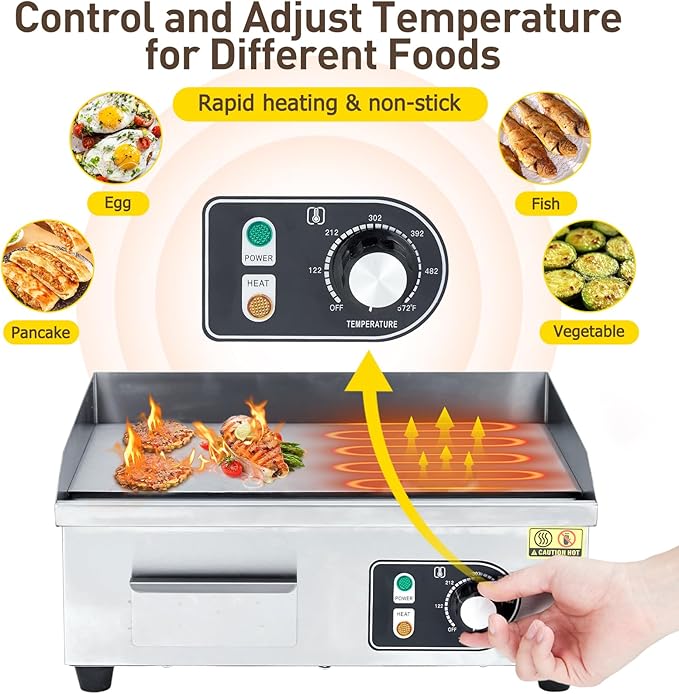 1600W 22" Half Flat Top Electric Griddle – Commercial-Grade Stainless Steel, Adjustable Temp, 2 Shovels/Brushes & Plug Included