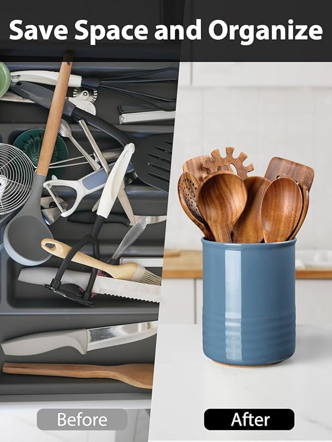 Utensil Holder, 6.7" Ceramic Kitchen Utensil Crock for Countertop Cooking, Modern Utensil Caddy Jar Organizer for Farmhouse Kitchen Counter Décor, Blue