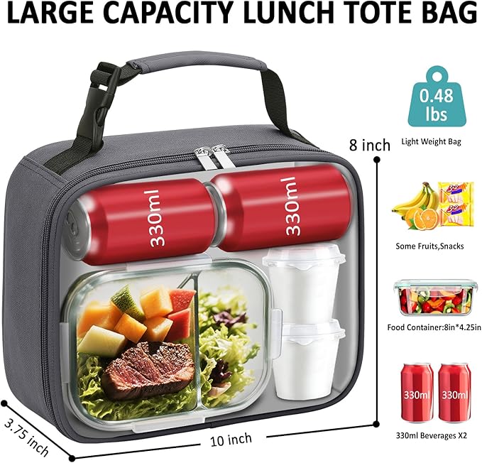 Lunch Box Kids Insulated Lunch Bag for Boys Girls Cute Reusable Lunch Tote Bag Waterproof Portable Thermal Lunch Box Kids for School Picnic Travel Grey