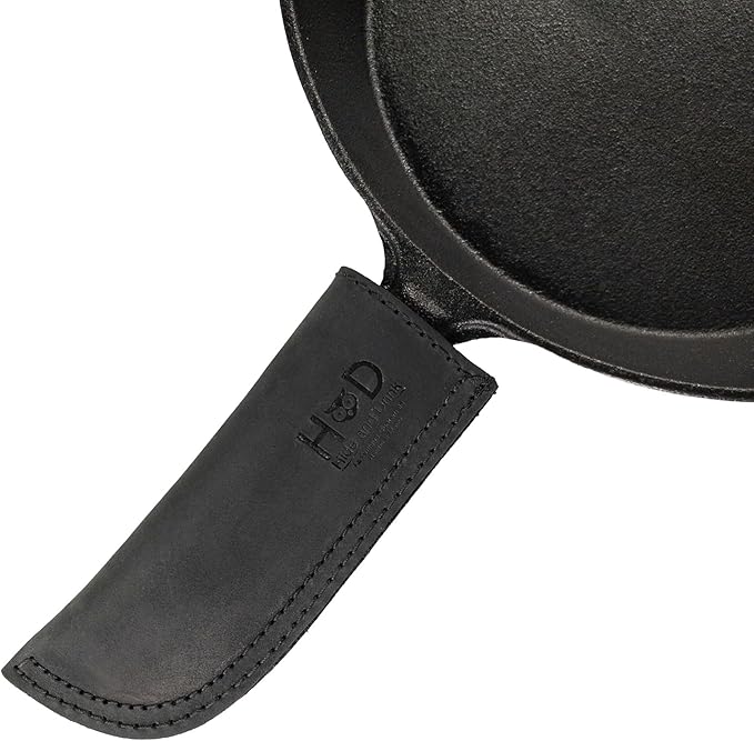 Hide & Drink, Hot Pan Handle Cover Handcrafted from Thick Full Grain Leather - Heat Resistant, Sturdy Grip for a Cast Iron Skillet, Frying Pan, Cookware - Simple, Durable (Charcoal Black)