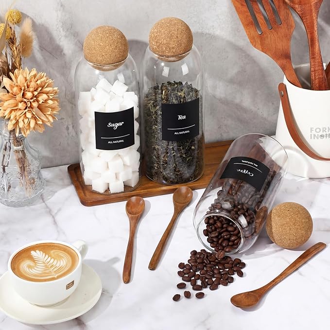 Suclain 3 Pcs Glass Coffee Storage Jar with Ball Cork Lid Wooden Spoon Shelf Labels Airtight Round Bottle Jar Food Storage Canister Set for Sugar Spice Coffee Bean Holder Candy Gift(41 oz)