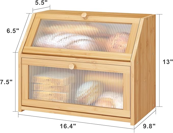 Bread Box for Kitchen Counter, Large Bamboo Wood Double Layer Bread Box, Wooden Bread Storage Capacity