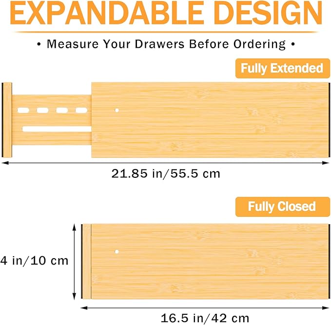 Bamboo Drawer Dividers 4" High, 16.5-22" Adjustable Drawer Organizers for Clothes,Expandable Dresser Separators in Bedroom/Kitchen/Bathroom/Office Organization and Storage,6 Pack