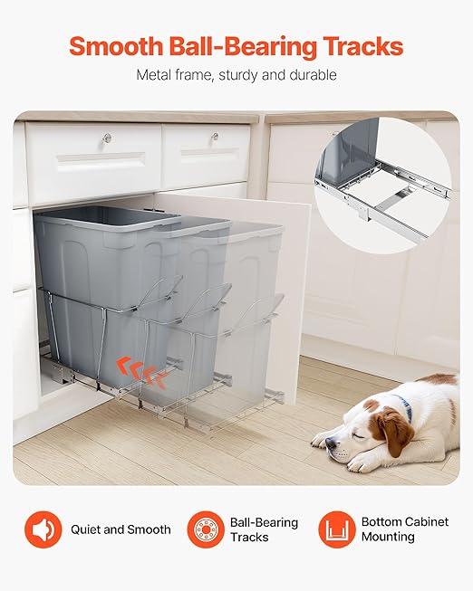 VEVOR Pullout Trash Can for Kitchen Cabinets, 35 QT Garbage Waste Recycling Bin, Under Mount Waste Container, with Heavy Duty Metal Full Extension Sliding System and Handle, for Sink, Under Counter