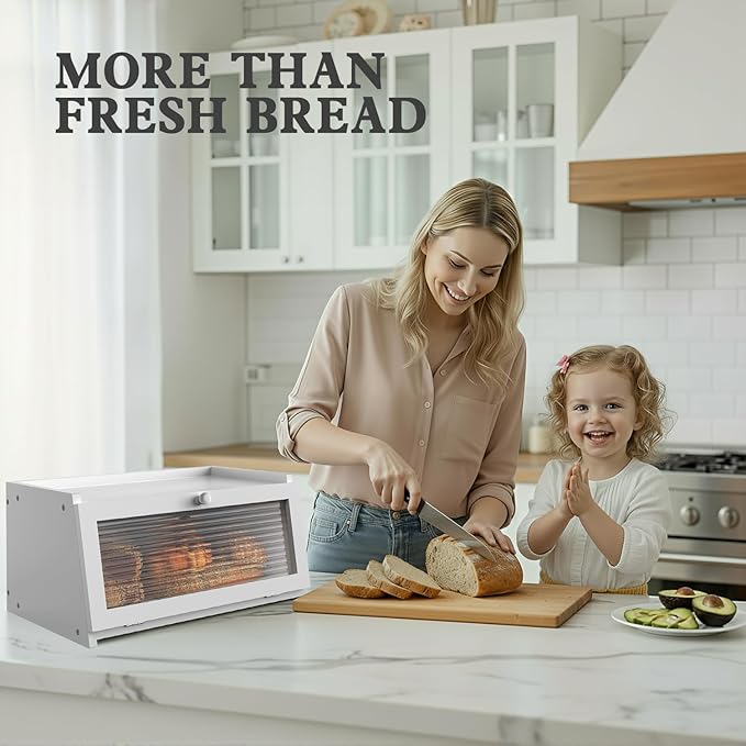 LOHASOK Bread Box for Kitchen Countertop Large Farmhouse Bread Container Bread Storage with Window Wooden Bread Holder White
