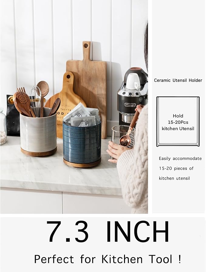 Utensil Holder, 360° Rotating Extra Large Ceramic Kitchen Utensil Holder for Countertop, 7.3“ Cooking Utensil Crocks for Kitchen Counter with Rotatable Wooden Base, Farmhouse Decor, Grey