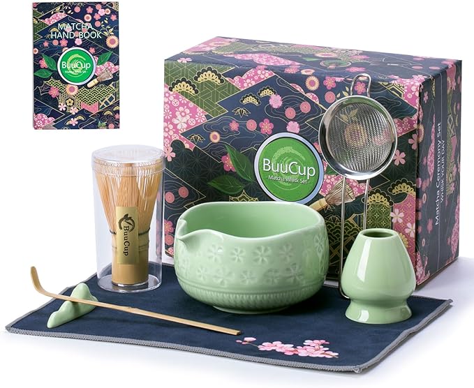 Buucup Matcha Whisk Set, Ceramic Matcha Kit Set Includes Matcha Bowl, Matcha Whisk and Holder, Bamboo Scoop, Scoop Rest, Sifter and Tea Towel - 7 Pcs Matcha Kit for Matcha Lovers (Green)