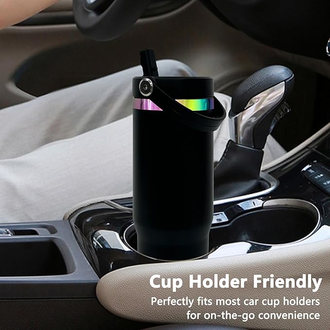 30 oz Tumbler with Handle and Straw, Vacuum Insulated Tumblers with Flip Straw and Top Handle, Leakproof Powder Coated Tumbler, Stainless Steel Travel Mug for Coffee Water (Black)
