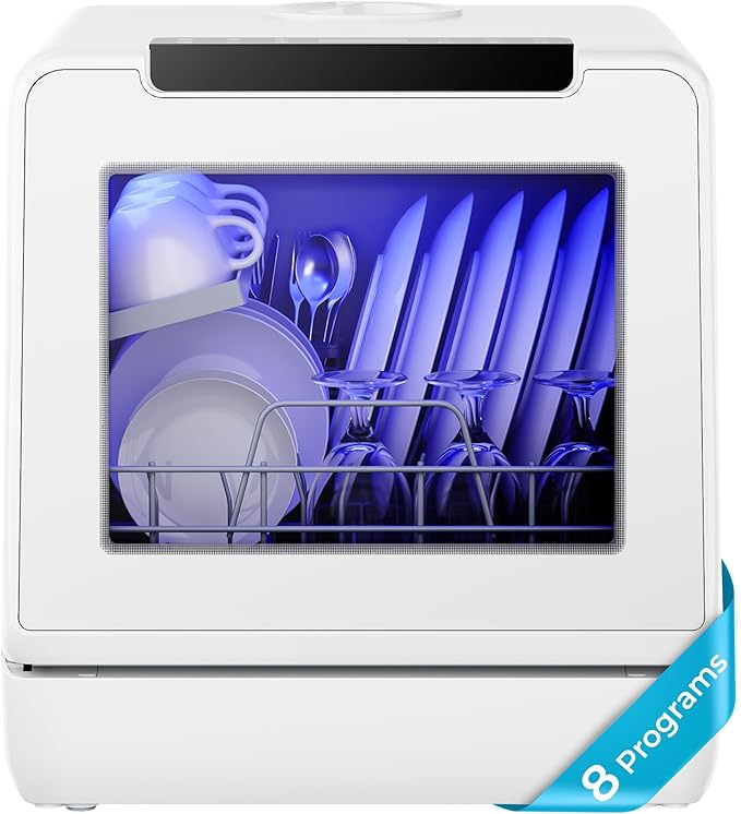 EUHOMY Countertop Dishwasher, 8 Programs Portable Dishwasher with 5L Built-in Water Tank and Inlet hose, No Hookup Needed, Mini Dishwasher with Self Clean/Baby Care/Air Dry, for Apartments, RVs, White
