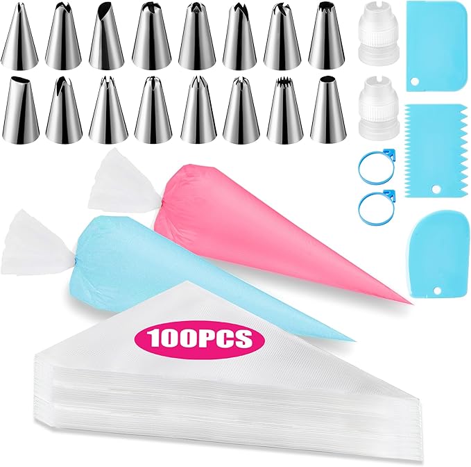 Piping Bags and Tips Set, Cakes Decorating Supplies Kit with 100pcs 16 Inch Pastry Bags, 16 Piping Tips, 3 Cake Scraper, 2 Couplers, 2 Bag Ties, Simple and Convenient Baking Supplies Set
