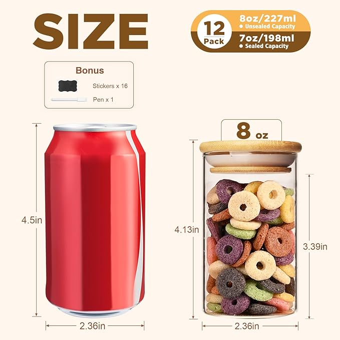 SHOWIN 8oz Glass Food Storage Jars, Glass Jars with Bamboo Lids, Kitchen Storage Jars, Set of 12, Canisters with Airtight Lids for Spice, Coffee, Cookie, Pantry Organizers