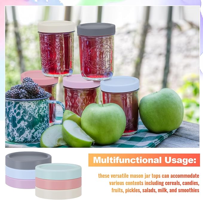 Teenyyou 6 Pcs Silicone Wide Mouth Lids Mason Jar Lids Thickened Leak Proof Lid for 86 mm All Wide Mouth Mason Jars, Reusable Large Canning Jar Caps(Morandi)