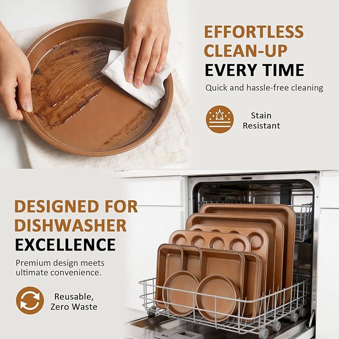 10PCS Nonstick Baking Pans Set - Bakeware Sets for Cooking, Oven and Dishwasher Safe, Non Toxic, Includes Cookie Sheets for Baking, Muffin Pan, Bread Pan, Cake pan, Loaf Pan, Roasting Pan Gold