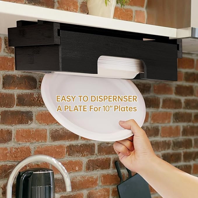 Paper Plate Dispenser,10-inch Bamboo Paper Plate Dispenser Under Cabinet, Kitchen Counter Vertical Paper Plate Holder Organizer Countertop Caddy Black