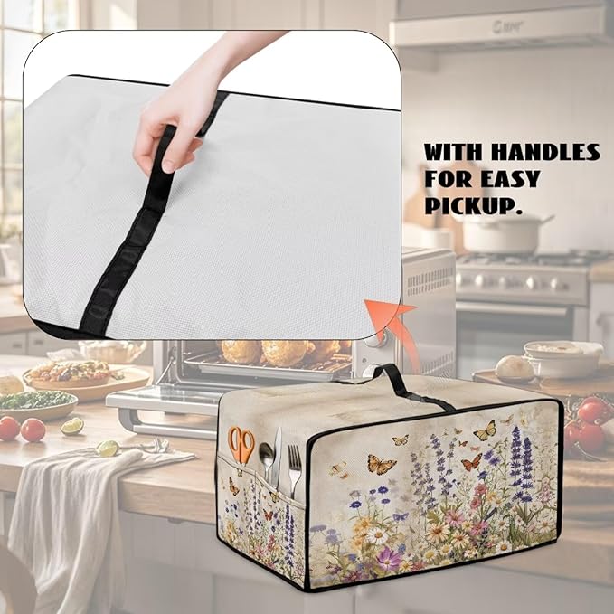 Toaster Oven Cover Washable Small Kitchen Appliance Dust Cover with Pockets, for Air Fryer Toaster Ovens, Microwaves, L, 18.5 x 22.5 x 13 Inches, Retro Floral Butterfly Print